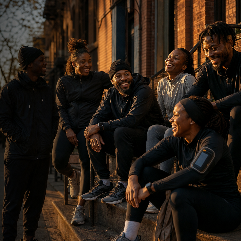 Run club gathered on brownstone steps at golden hour