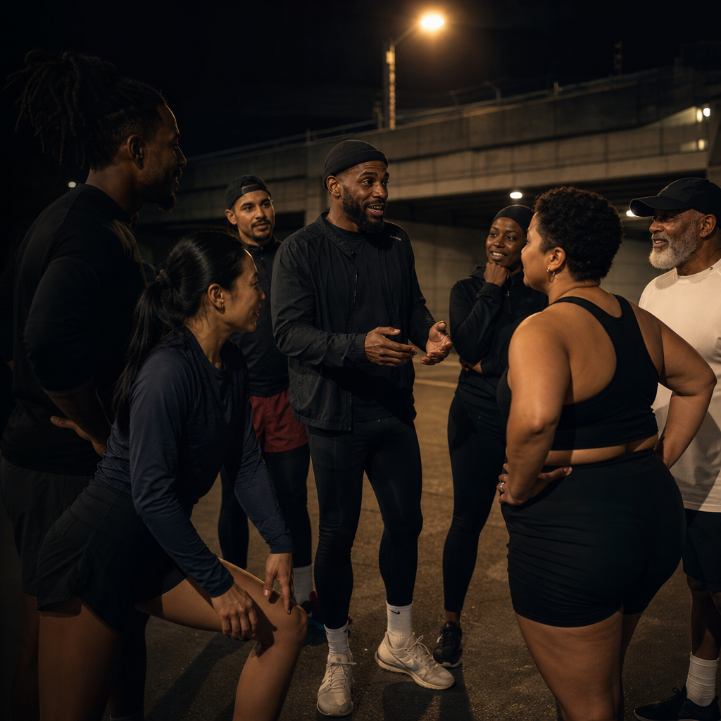Run leader briefing a club under city lights