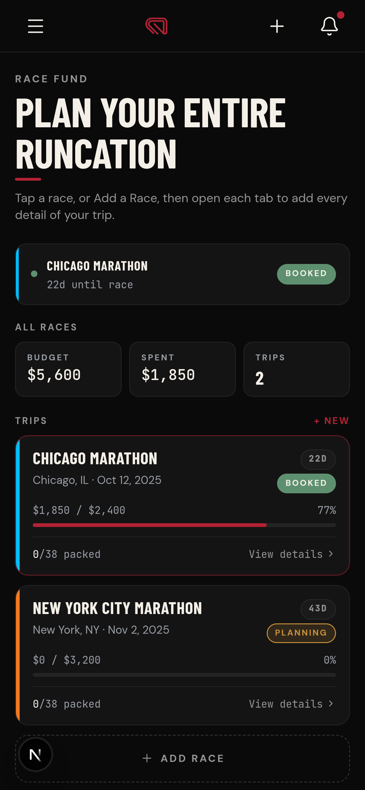 Race Fund trip planner screen