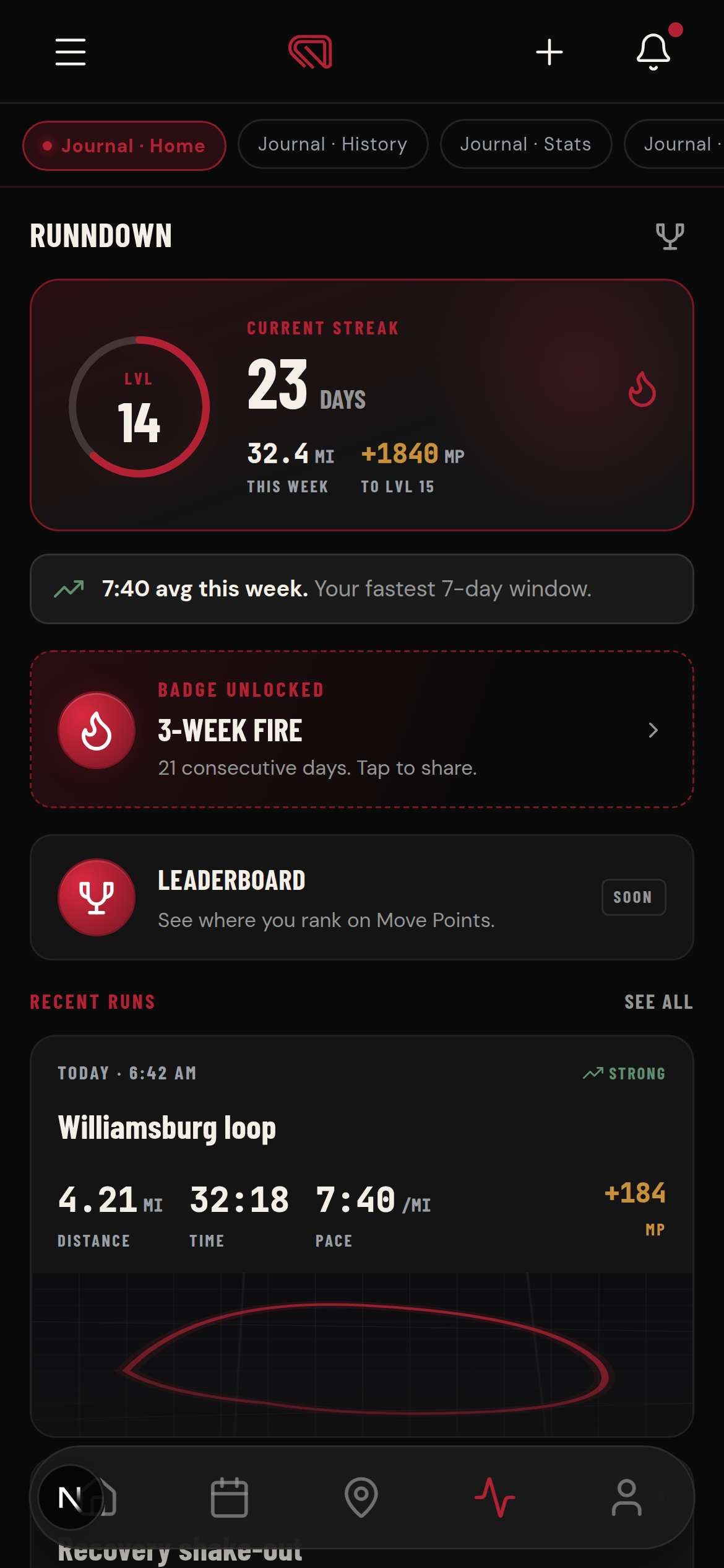 The RunnDown screen
